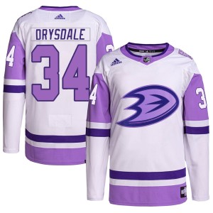 Jamie Drysdale Men's Adidas Anaheim Ducks Authentic White/Purple Hockey Fights Cancer Primegreen Jersey
