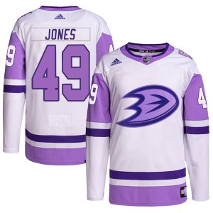 Max Jones Men's Adidas Anaheim Ducks Authentic White/Purple Hockey Fights Cancer Primegreen Jersey