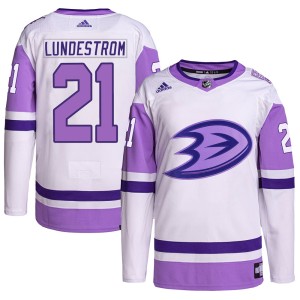 Isac Lundestrom Men's Adidas Anaheim Ducks Authentic White/Purple Hockey Fights Cancer Primegreen Jersey