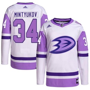 Pavel Mintyukov Men's Adidas Anaheim Ducks Authentic White/Purple Hockey Fights Cancer Primegreen Jersey