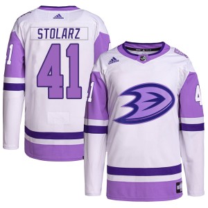 Anthony Stolarz Men's Adidas Anaheim Ducks Authentic White/Purple Hockey Fights Cancer Primegreen Jersey