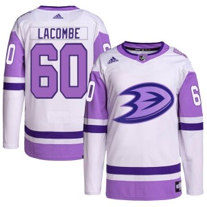 Jackson LaCombe Youth Adidas Anaheim Ducks Authentic White/Purple Hockey Fights Cancer Primegreen Jersey