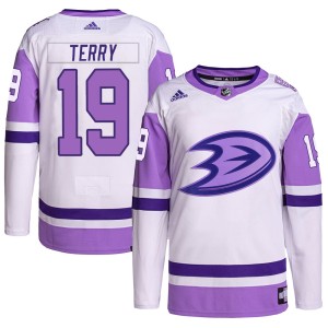 Troy Terry Youth Adidas Anaheim Ducks Authentic White/Purple Hockey Fights Cancer Primegreen Jersey