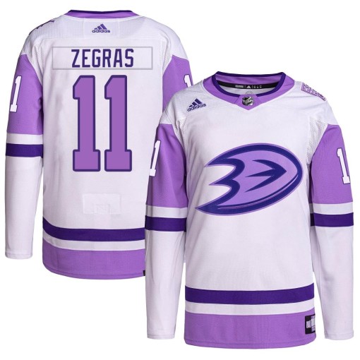 Trevor Zegras Men's Adidas Anaheim Ducks Authentic White/Purple Hockey Fights Cancer Primegreen Jersey