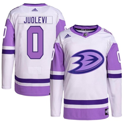 Olli Juolevi Youth Adidas Anaheim Ducks Authentic White/Purple Hockey Fights Cancer Primegreen Jersey