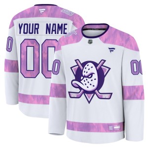 Custom Youth Fanatics Anaheim Ducks Premium White Custom 2024 Hockey Fights Cancer Practice Jersey